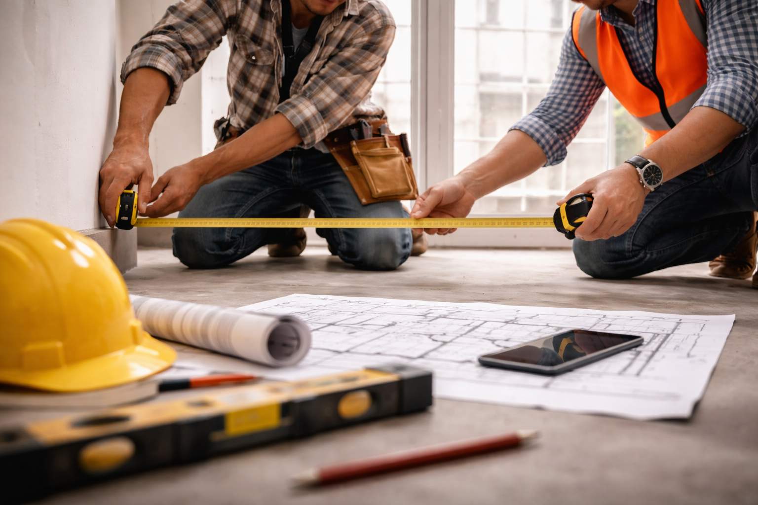 Professionnel mesurant les surfaces d'un logement